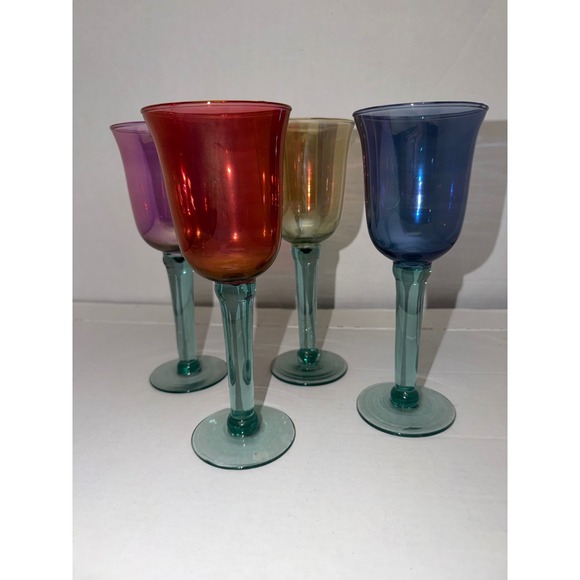 Other - Vintage Jewel Tone Iridescent Wine Goblets 4 Mixed Colors Teal Stems 9.75"
